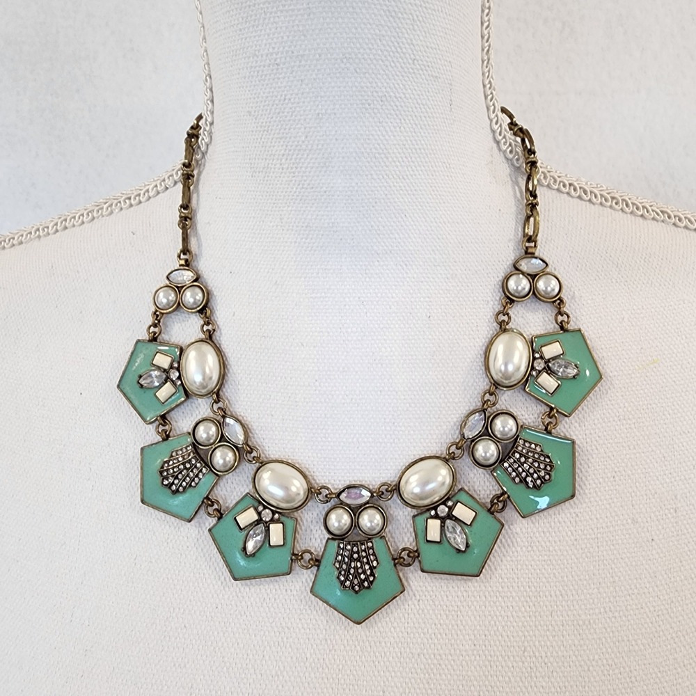Vintage Style Mint Green Enamel Faux Pearl Statement Bib Necklace Brass Tone